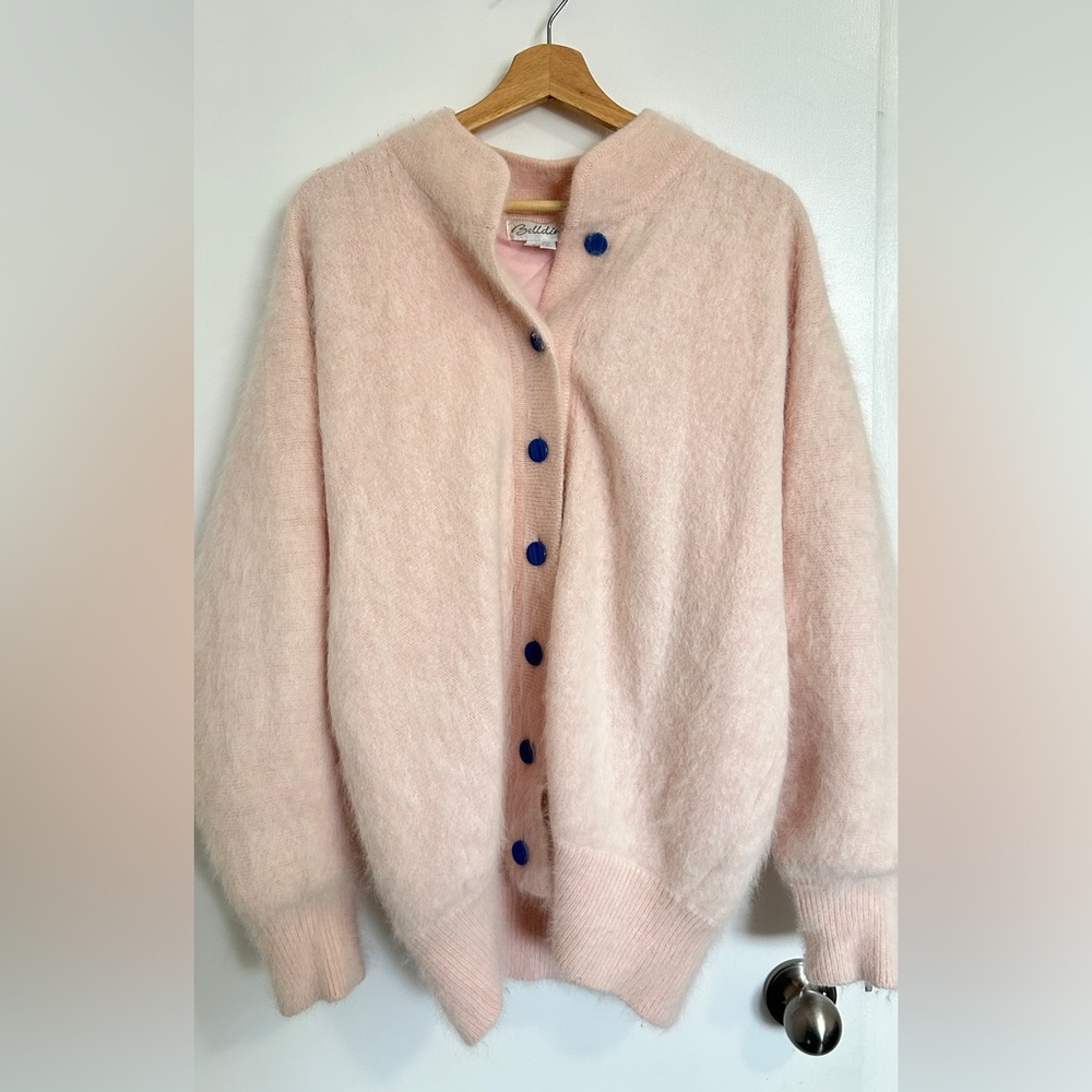 Vintage Pale Pink Mohair-Blend Cardigan with Blue Buttons